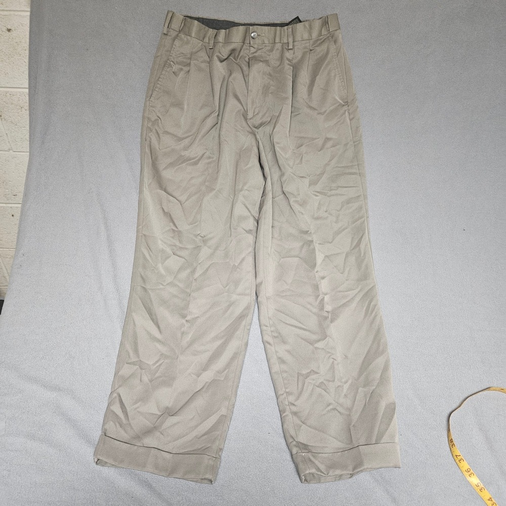 Croft & Barrow Mens Pleated Khaki Dress Pants 34x29 Taupe Cuffed Microfiber